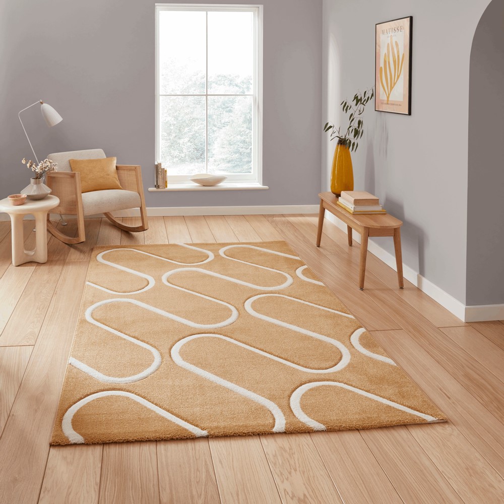 Linear Curve Modern Geometric Rugs by Catherine Lansfield in Ochre Yellow